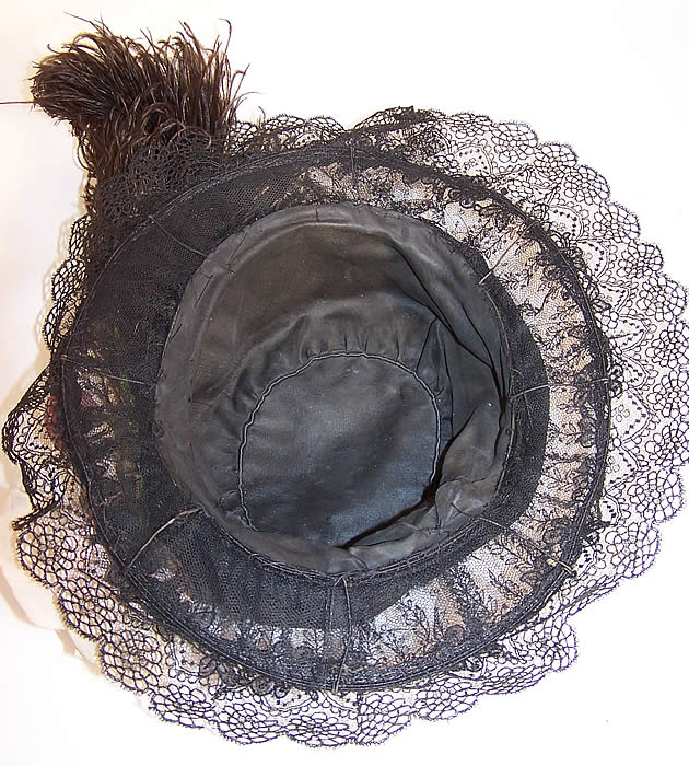 Vintage Belle Epoque Black Silk & Lace Wide Brim Beaded Feather Floral Trim Hat inside