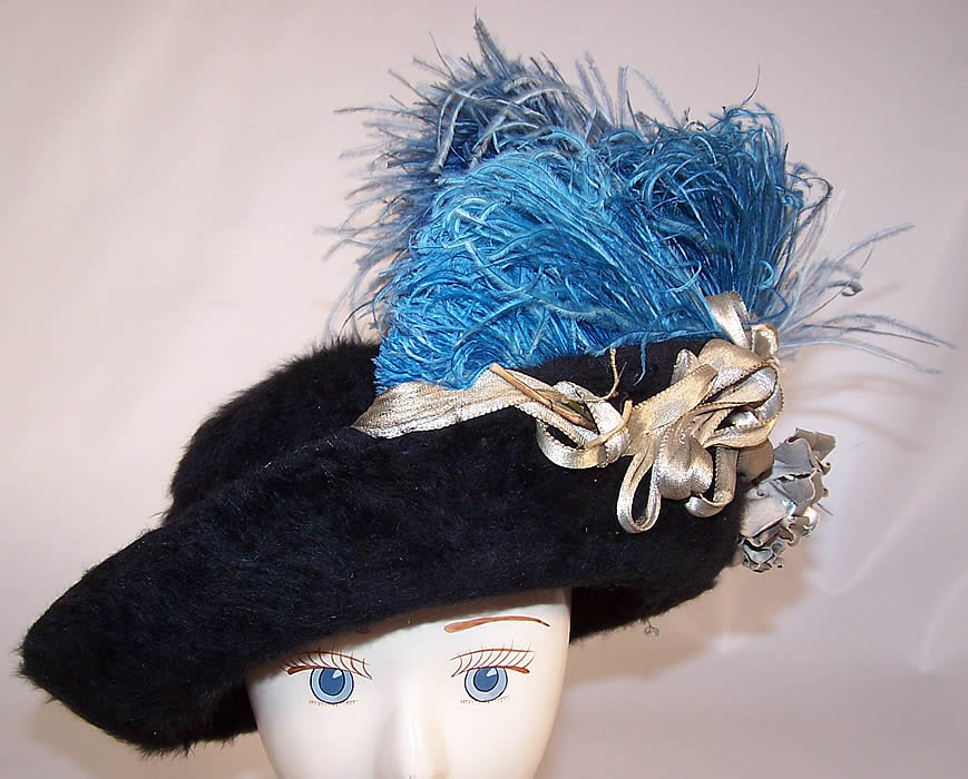 Edwardian Black Beaver Felt Fur Blue Feather Silver Lam&eacute; Ribbon Floral Hat