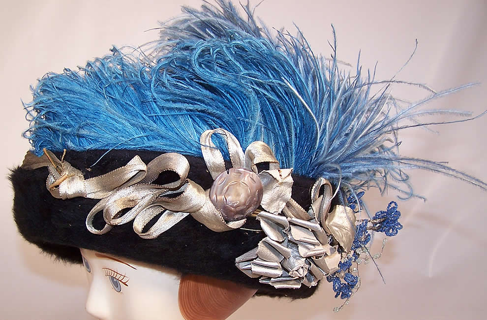 Edwardian Black Beaver Felt Fur Blue Feather Silver Lam&eacute; Ribbon Floral Hat