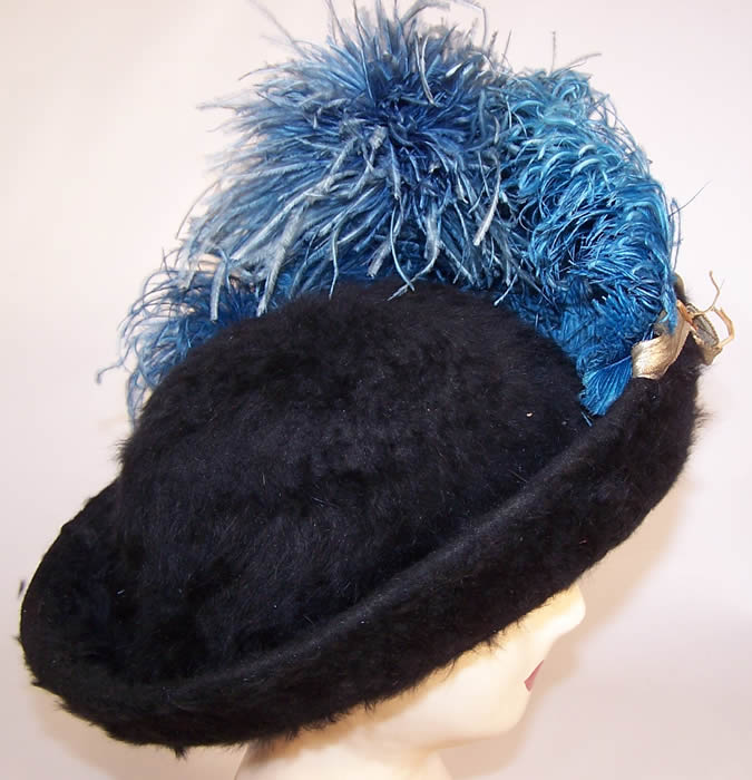 Edwardian Black Beaver Felt Fur Blue Feather Silver Lam&eacute; Ribbon Floral Hat