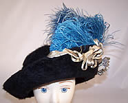 Edwardian Black Beaver Felt Fur Blue Feather Silver Lam&eacute; Ribbon Floral Hat