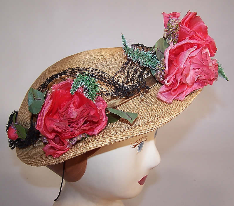 Vintage H. Leh & Co. Woven Natural Straw Pink Silk Roses Short Back Sailor Hat side view.