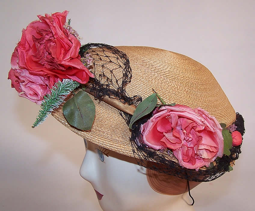 Vintage H. Leh & Co. Woven Natural Straw Pink Silk Roses Short Back Sailor Hat