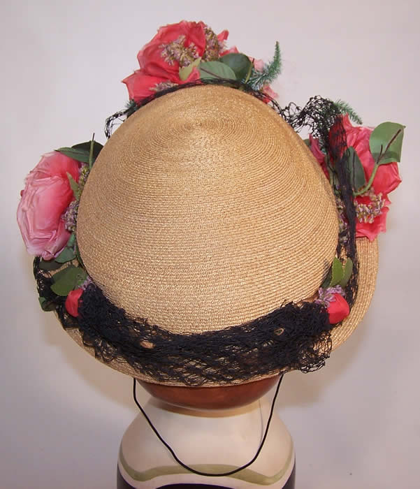 Vintage H. Leh & Co. Woven Natural Straw Pink Silk Roses Short Back Sailor Hat from the back