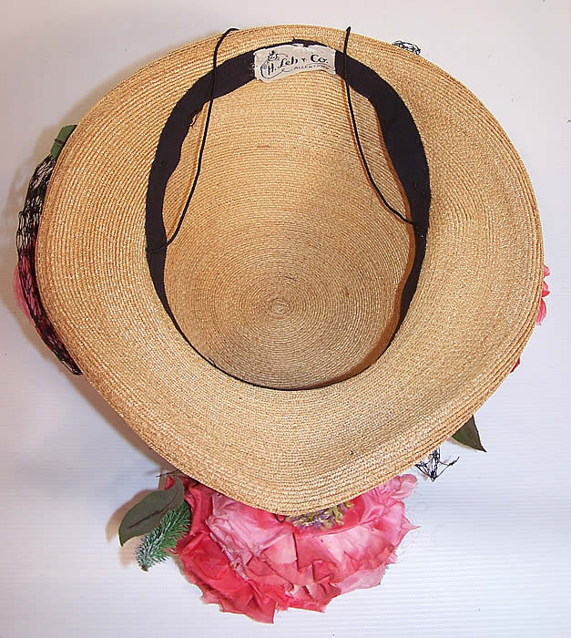 Vintage H. Leh & Co. Woven Natural Straw Pink Silk Roses Short Back Sailor Hat inside the hat