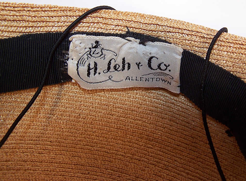 Vintage H. Leh & Co. Woven Natural Straw Pink Silk Roses Short Back Sailor Hat label close up.