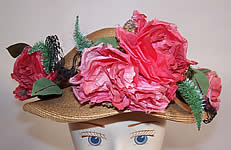 Vintage 1940s H. Leh & Co. Woven Natural Straw Pink Silk Roses Short Back Sailor Hat