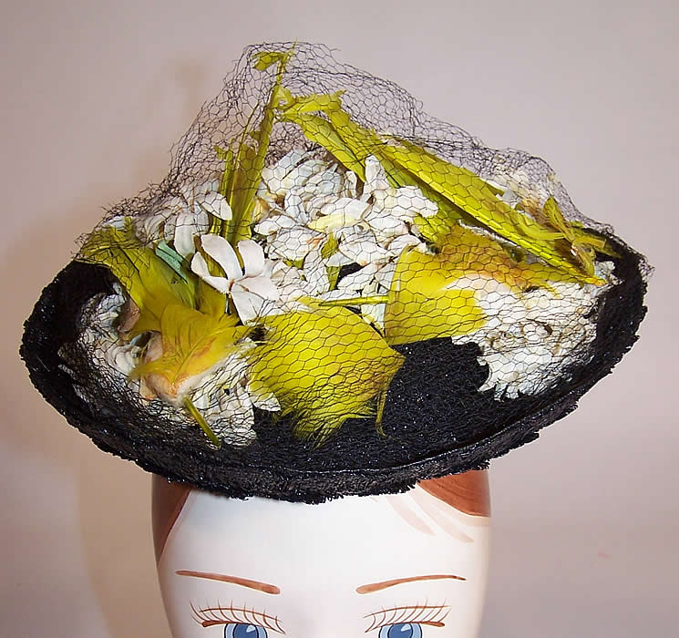 Vintage Gage Handcraft Black Straw Yellow Feather Floral Cocktail Tilt Hat Fascinator