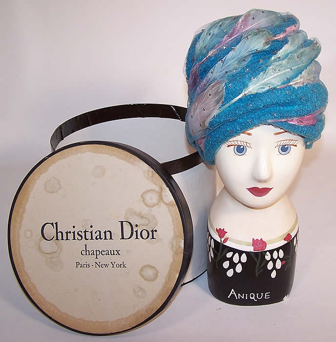 Vintage Christian Dior Turquoise Blue Net Feather Glitter Turban Hat & Box