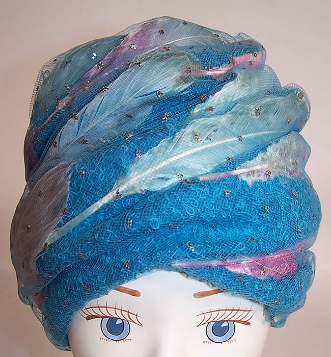 Vintage Christian Dior Turquoise Blue Net Feather Glitter Turban Hat 