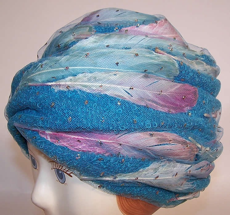 Vintage Christian Dior Turquoise Blue Net Feather Glitter Turban Hat side view.