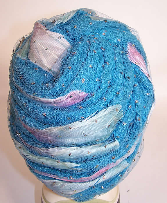 Vintage Christian Dior Turquoise Blue Net Feather Glitter Turban Hat back view