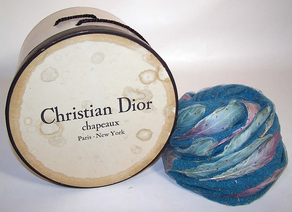 Vintage Christian Dior Turquoise Blue Net Feather Glitter Turban Hat & Box