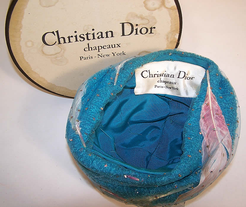 Vintage Christian Dior Turquoise Blue Net Feather Glitter Turban Hat & Box