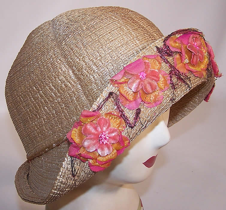 Vintage Natural Straw Upturned Brim Pink Silk Flower Flapper Cloche Hat 