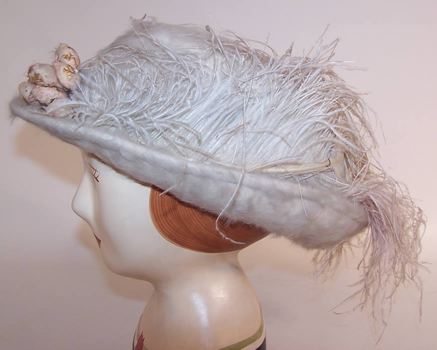 Edwardian White Beaver Felt Fur Ostrich Feather Pink Berry Hat