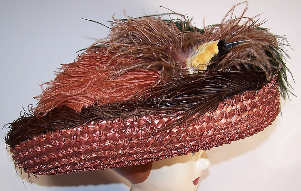Titanic Edwardian Brown Straw Ostrich Feather Oversized Wide Brim Boater Hat