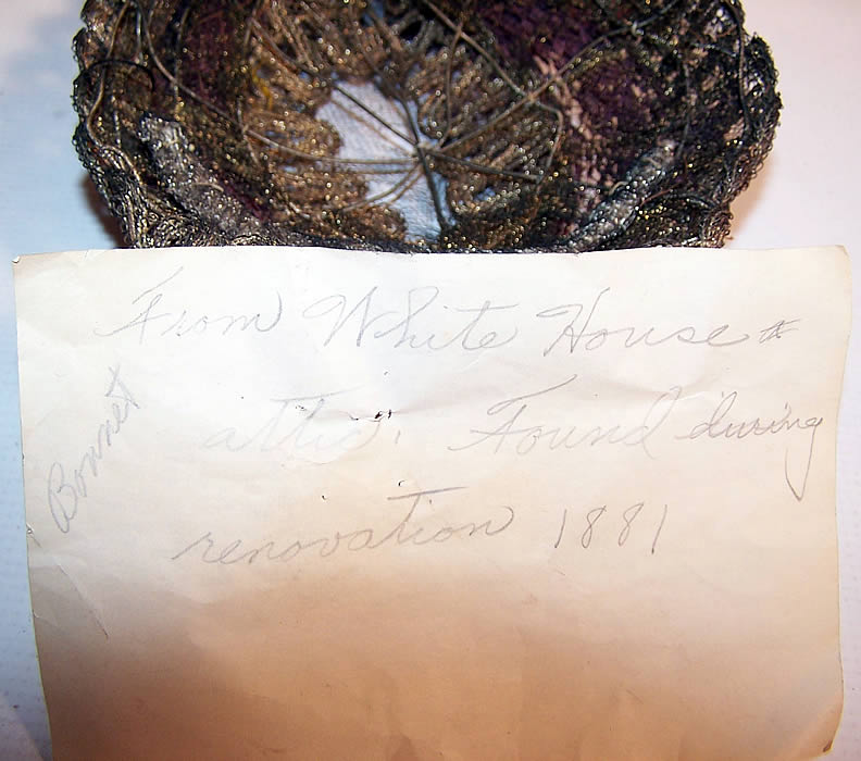 Victorian Civil War Era Gold Metallic Lace Net Bonnet Cap Hat shows the note