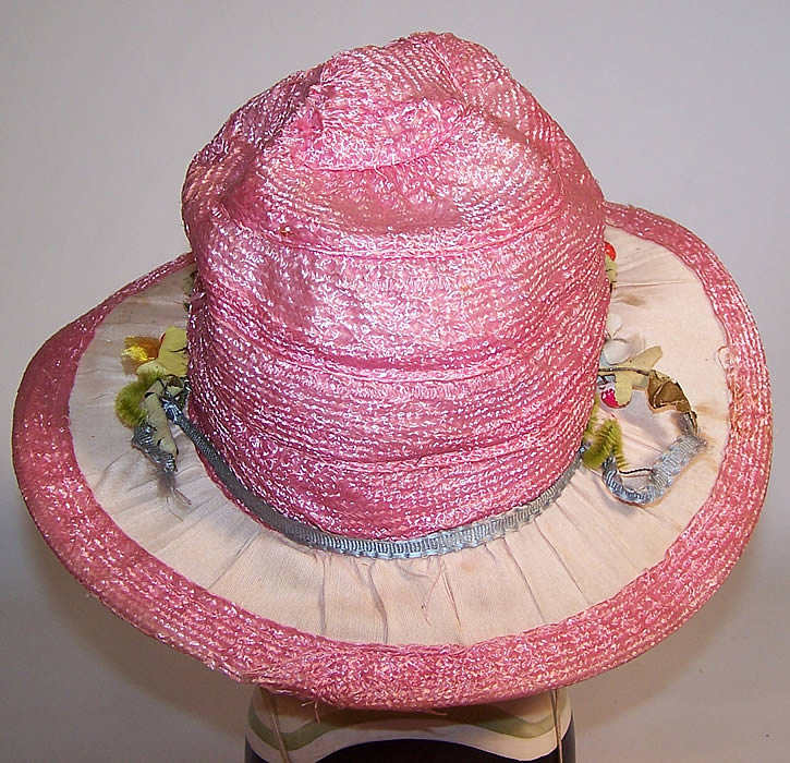Vintage Girls Belle Epoque Pink Raffia Woven Silk Floral Trim Cloche Hat
