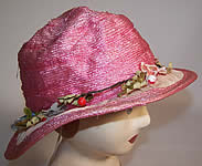 Vintage 1920s Girls Belle Epoque Pink Raffia Woven Silk Floral Trim Cloche Hat