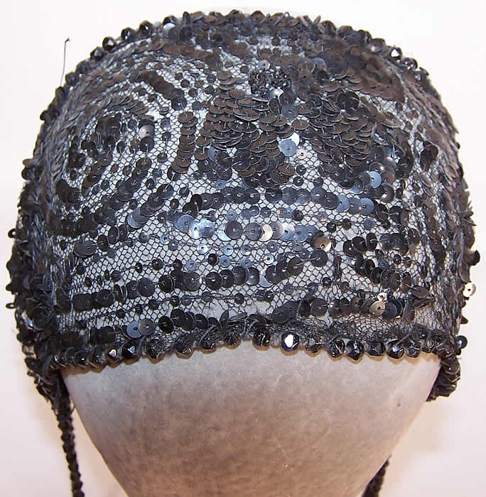 Vintage Art Deco Black Net Sequin Beaded Flapper Headband Cap