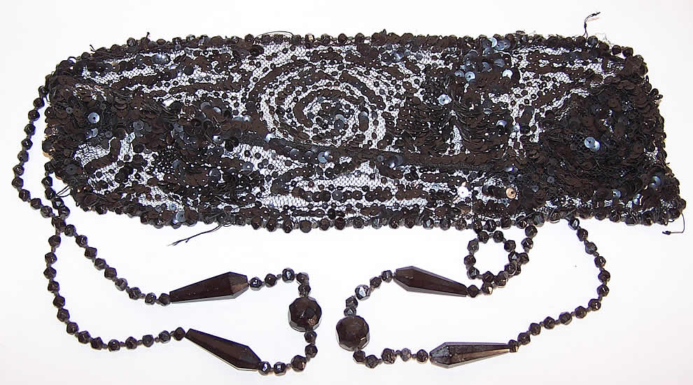 Vintage Art Deco Black Net Sequin Beaded Flapper Headband Cap