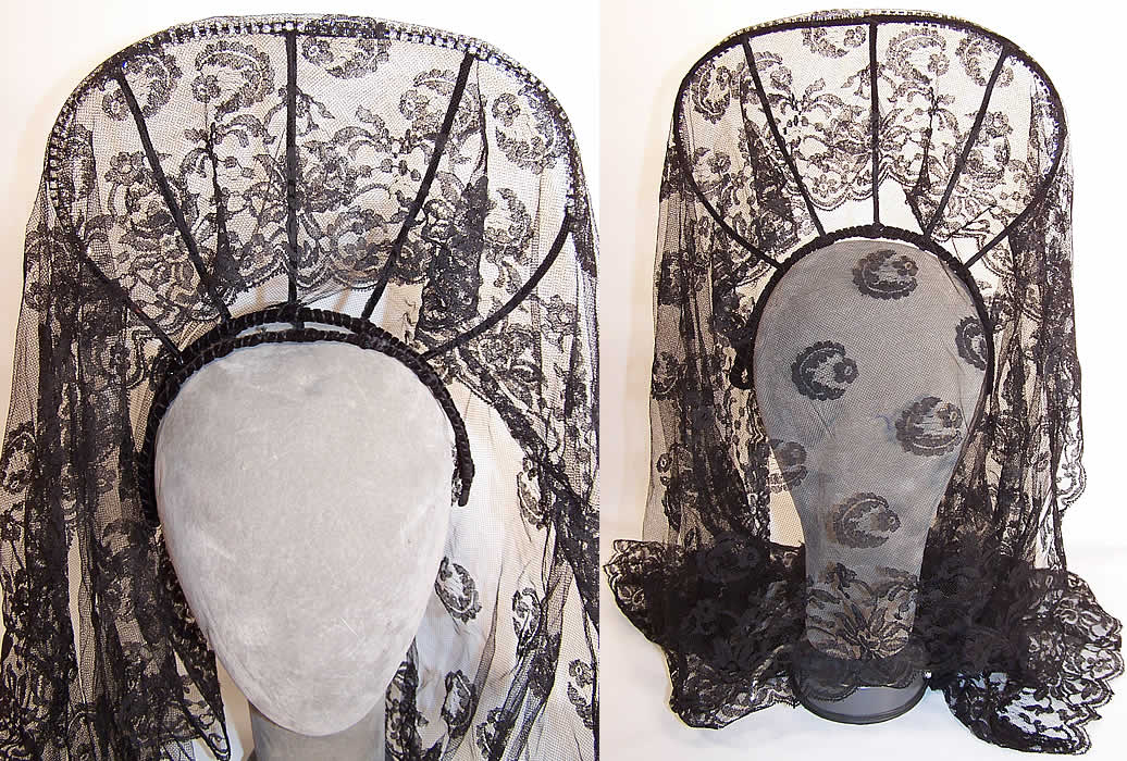Vintage Spanish Black Chantilly Lace Mantilla Veil Peineta Comb Headband two views