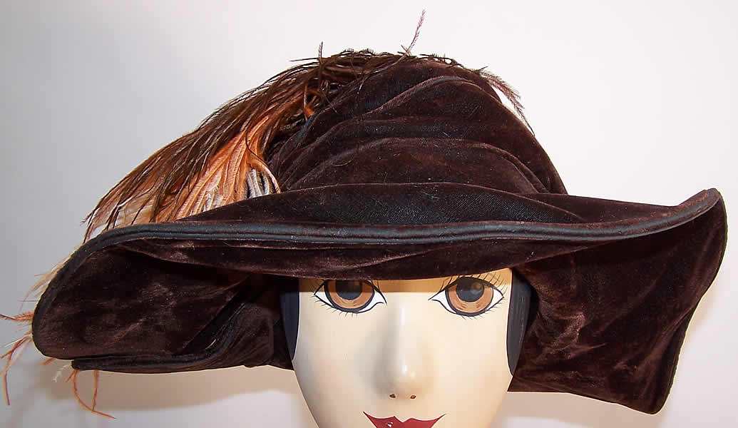 Vintage Edwardian Brown Velvet Feather Trim Wide Brim Hat