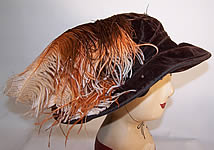 Vintage Edwardian Brown Velvet Feather Trim Wide Brim Hat