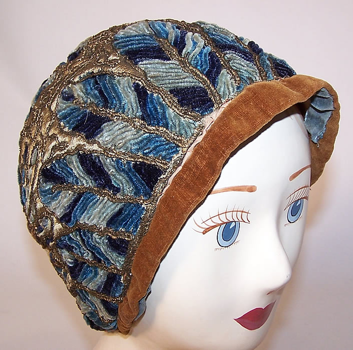 Vintage Art Deco Blue Chenille Gold Lam&eacute; Embroidered Flapper Cloche Hat