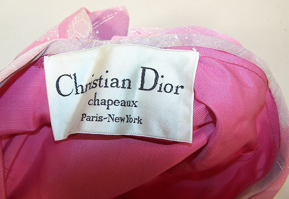 Vintage Christian Dior Pink Purple Chiffon White Floral Print Scarf Turban Hat 