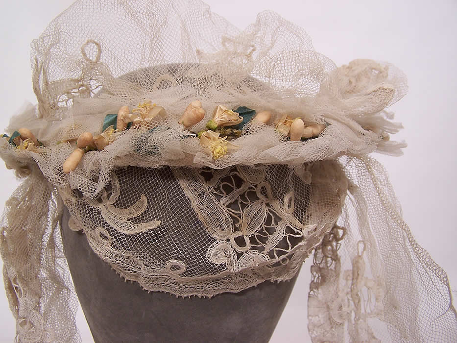 Antique Orange Blossom Wax Flower Wreath Bobbin Lace Net Wedding Veil