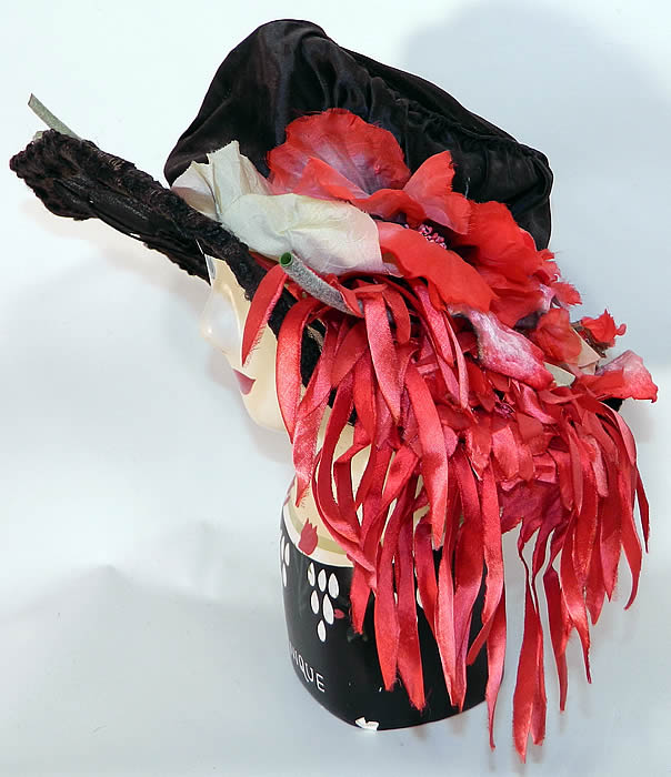Vintage Belle Epoque Black Silk Red Poppy Flower Trim Wide Brim Hat