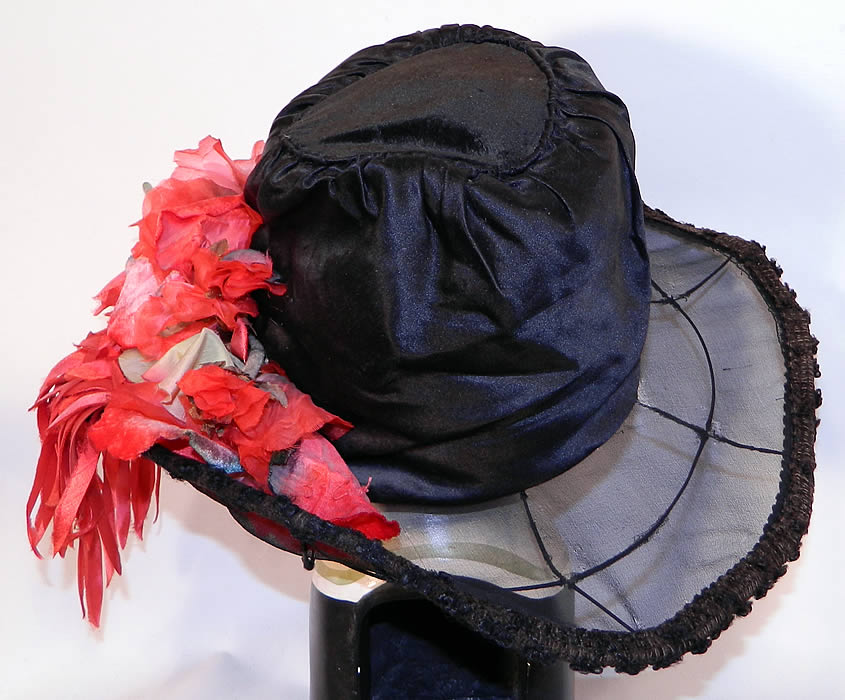 Vintage Belle Epoque Black Silk Red Poppy Flower Trim Wide Brim Hat