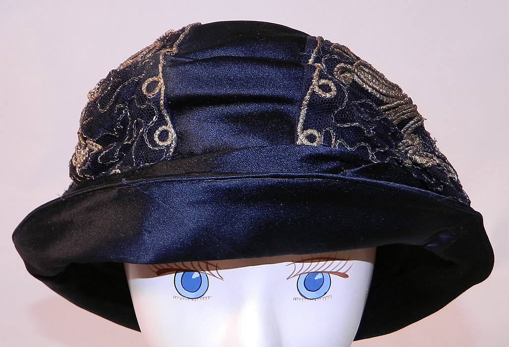 Vintage Art Deco Bobby Hats Black Silk Gold Lam&eacute; Lace Flapper Cloche Hat