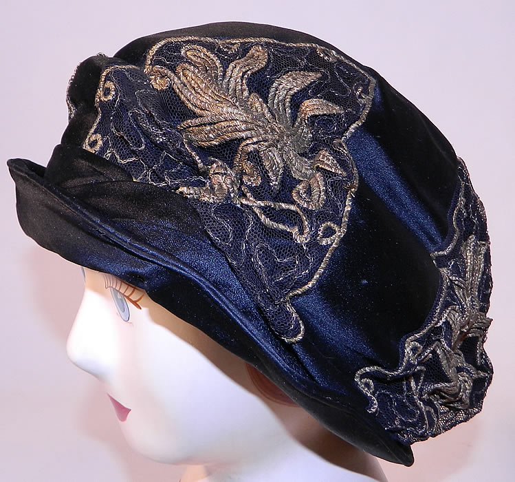 Vintage Art Deco Bobby Hats Black Silk Gold Lam&eacute; Lace Flapper Cloche Hat