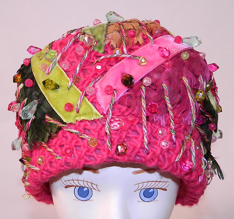 Vintage Christian Dior Chapeaux Pink Knit Ribbon Feather Beaded Trim Turban Hat