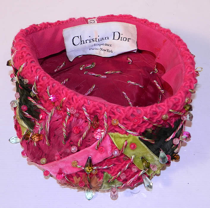 Vintage Christian Dior Chapeaux Pink Knit Ribbon Feather Beaded Trim Turban Hat