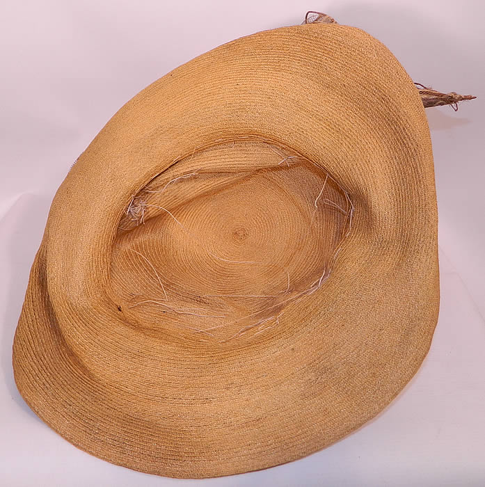 Edwardian Woven Natural Straw Tambour Net Lace Wired Wing Floral Wide Brim Hat. It is in as-is fair condition, with small stains on the straw brim, some soiling dingy dirty net lace and flower trim. This is still a wonderful piece of wearable millinery art.