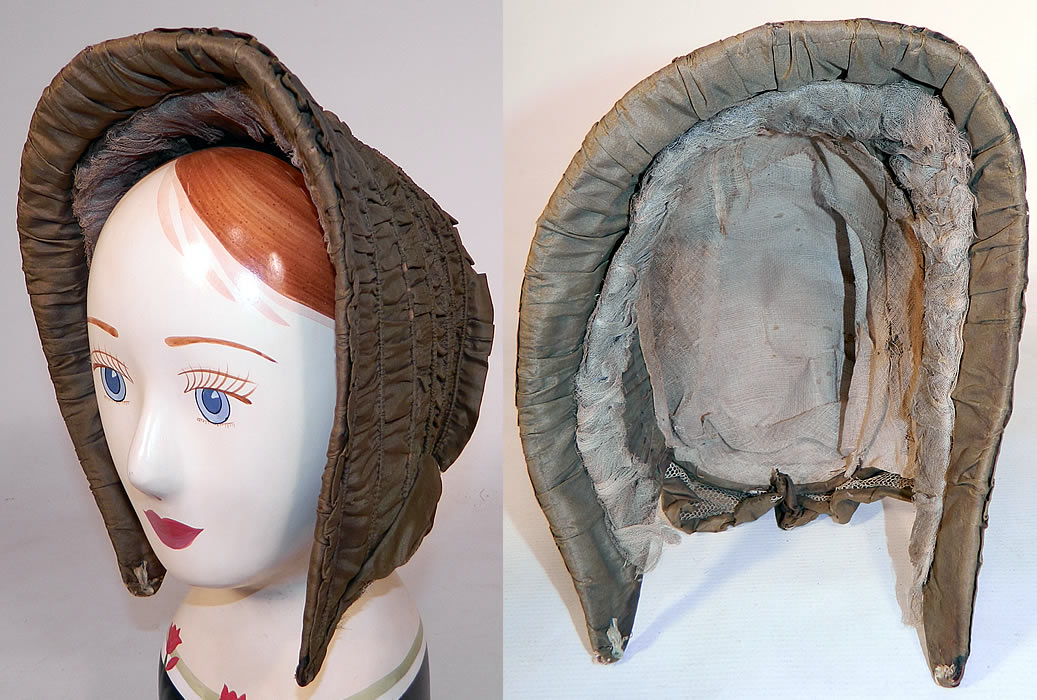 Victorian Civil War Green Silk Pleated Ruched Drawn Shirred Spoon Bonnet. This antique Victorian Civil War era green silk pleated ruched drawn shirred spoon bonnet dates from the 1860s