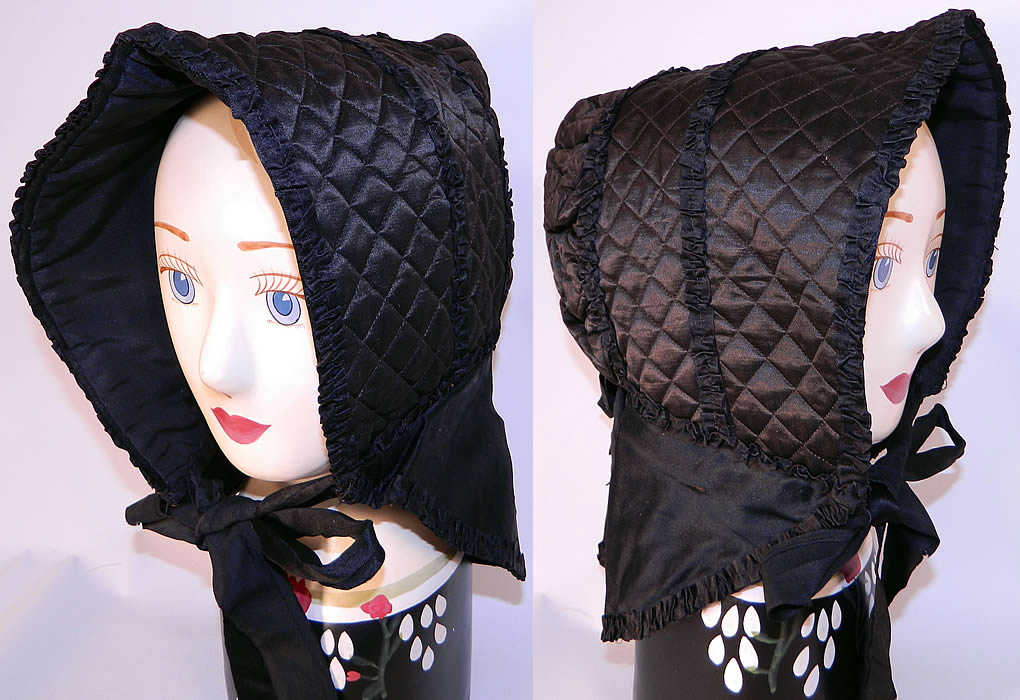 Victorian Civil War Era Black Silk Quilted Winter Mourning Sun Bonnet. This women's winter widows mourning bonnet hood would have been worn for travel in a carriage and has a sun bonnet style with a curtain cape ruffle back drape, ribbon bow trim. It is fully lined in black silk.  