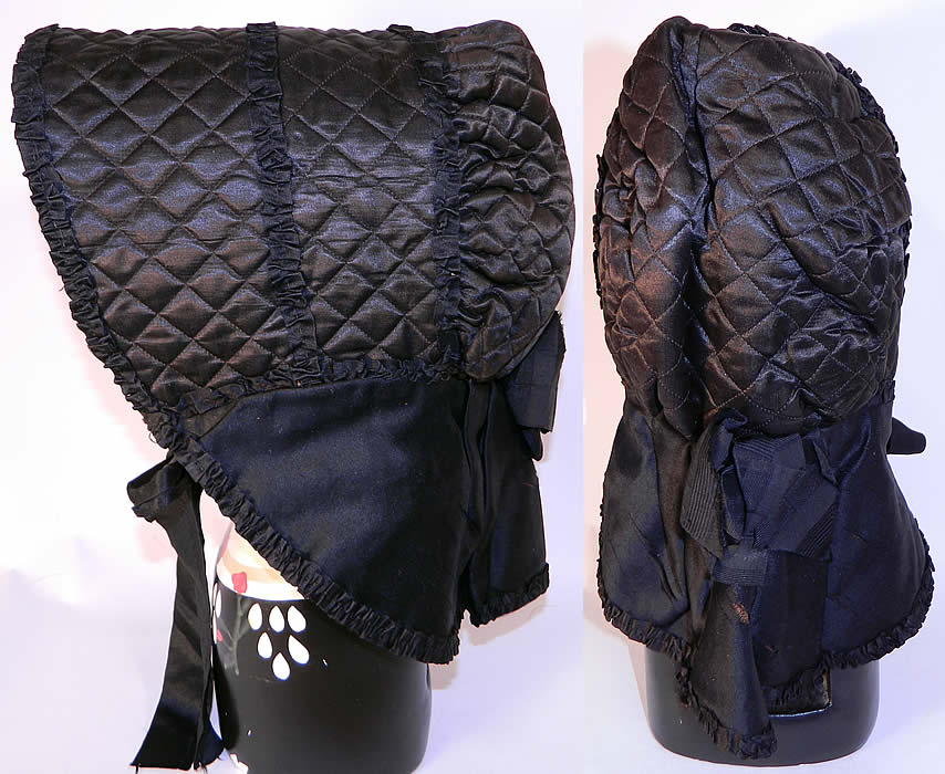 Victorian Civil War Era Black Silk Quilted Winter Mourning Sun Bonnet. This antique Victorian Civil War era black silk quilted winter mourning sun bonnet dates from the 1860s. It is hand stitched, made of a black silk fabric, with quilting and silk pleated ruched trim edging. 