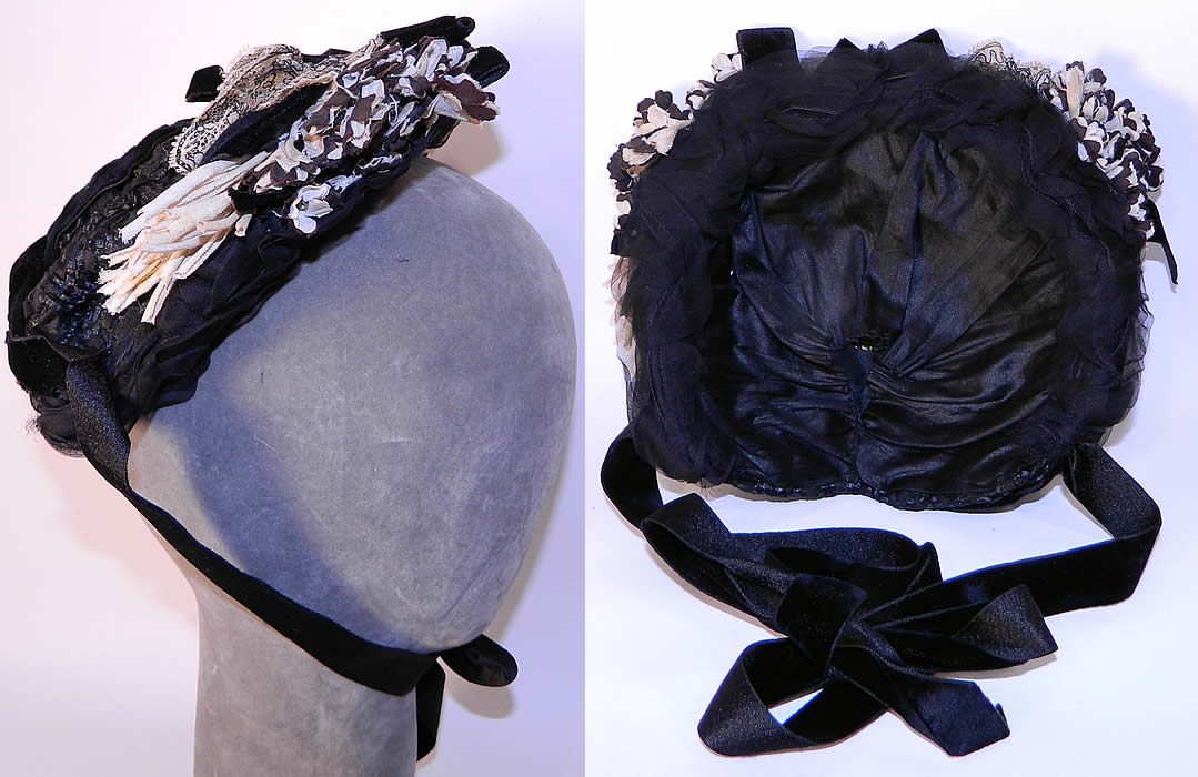 Victorian Black & White Violet Flower Lace Trim Straw Bonnet Hat. There are black & white silk violet flowers and white lace with black outlining trim on top. 