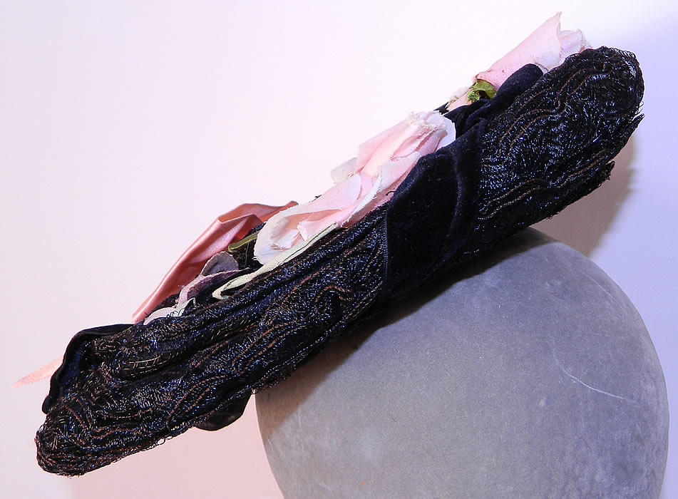 Victorian Black Straw Pink Pansy Rose Flower Bow Trim Bonnet Flat Plate Hat. This beautiful bonnet has a flat plate style, circular shape with a black polished cotton lined small inner crown which would have sat on the back of the head secured with a long hatpin.