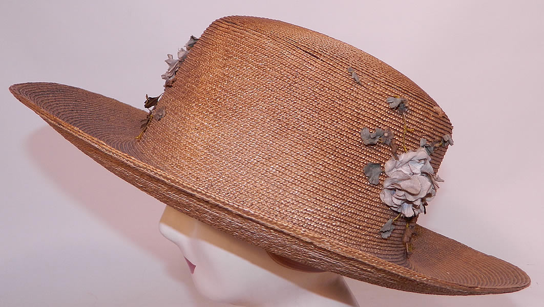 Edwardian Belle Epoque Natural Straw White Floral Wide Brim Boater Summer Hat. The hat measures 23 inches inside crown circumference and is 45 inches outside the brim. 