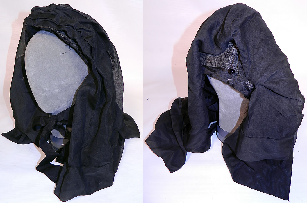 Victorian Woven Black Straw Layered Silk Veil Full Mourning Bonnet Hat. This marvelous mourning bonnet has a layered veil which can be worn covering the face or folded back over the head, attached to small bonnet underneath with a hatpin and silk tie straps for securing under the chin. 