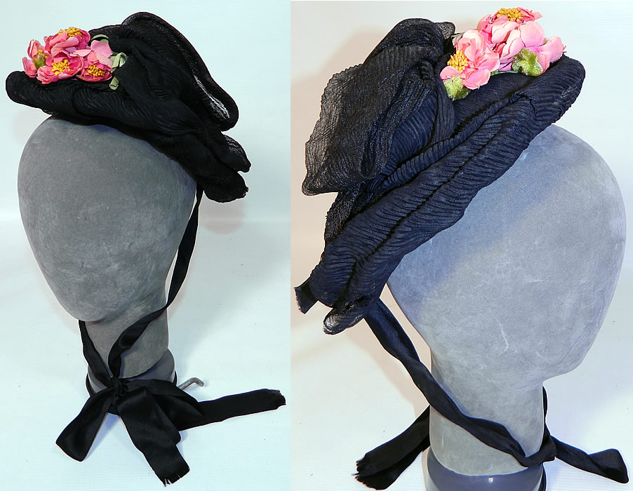 Victorian Black Silk Crepe Pink Flower Trim Mourning Bonnet Hat. This antique Victorian era black silk crepe pink flower trim mourning bonnet hat dates from the 1880s. It is made of a sheer black silk crepe textured fabric base, with gathered draping, bows. 