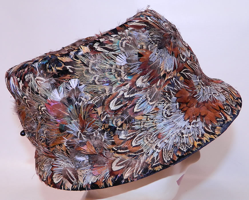 Vintage Womens Black Velvet Pheasant Feather Fedora Hat. This sophisticated ladies fedora style hat has a high tall round crown, small narrow brim and has a hat pin on the back.