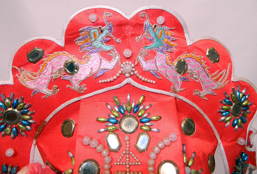 Antique Chinese Red Silk   Embroidered Dragon Beaded Mirror Wedding Headdress Hat .  This beautiful bridal wedding hat measures 11 1/2 inches tall, 17 inches wide and has a 24 inch head circumference. 