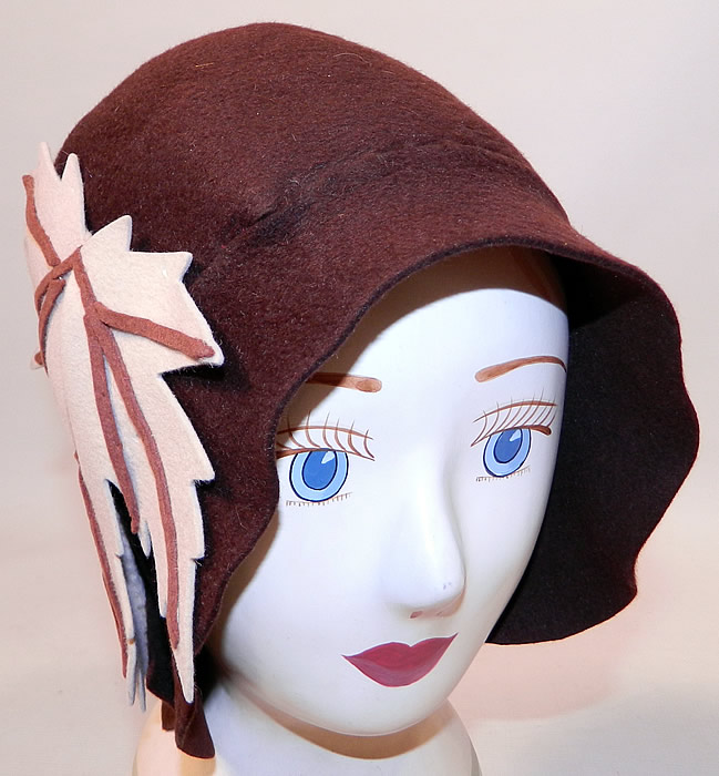 Vintage I Magnin & Co Brown Wool Felt Fall Maple Leaf Flapper Cloche Hat. This vintage I Magnin & Co brown wool felt fall maple leaf flapper cloche hat dates from the roaring 1920s